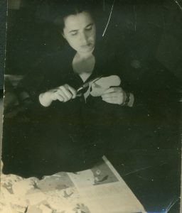 Slobodkina editing her collage illustrations for Caps for Sale, c. 1939. Photograph by Fritz Glarner